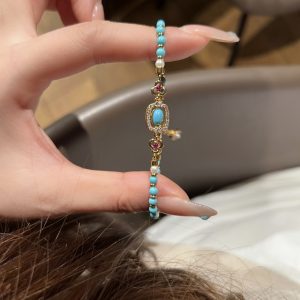 Vintage Turquoise & Pearl Double Layer Beaded Bracelet, Chinese Style Luxury Hand Jewelry - Image 3