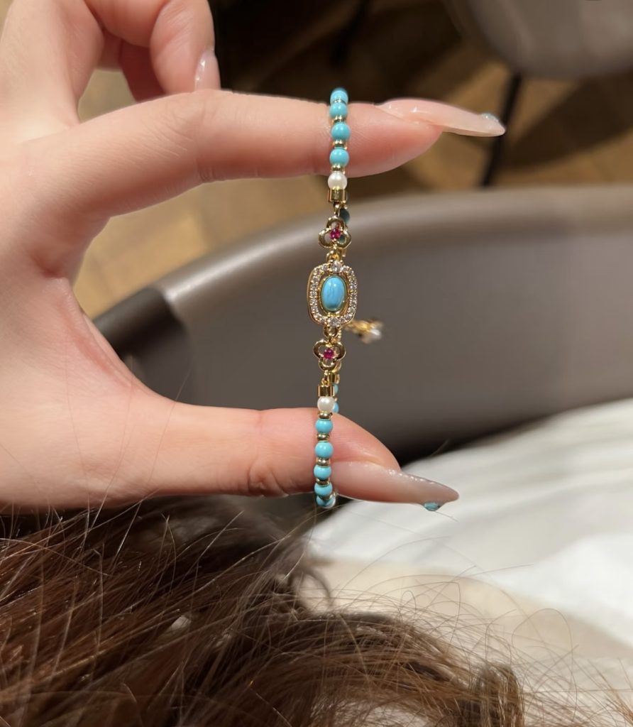 Vintage Turquoise & Pearl Double Layer Beaded Bracelet, Chinese Style Luxury Hand Jewelry