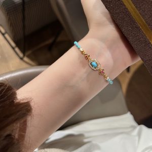 Vintage Turquoise & Pearl Double Layer Beaded Bracelet, Chinese Style Luxury Hand Jewelry - Image 7