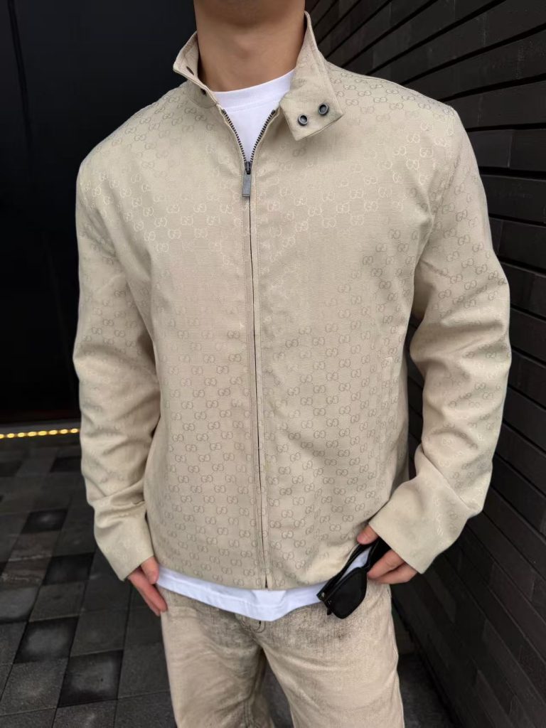 Men's Stand Collar All Over Jacquard Zip Up Jacket, Smart Casual Outerwear(GUCCI)(Top-tier replica)