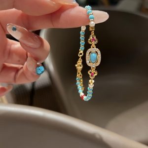 Vintage Turquoise & Pearl Double Layer Beaded Bracelet, Chinese Style Luxury Hand Jewelry - Image 1