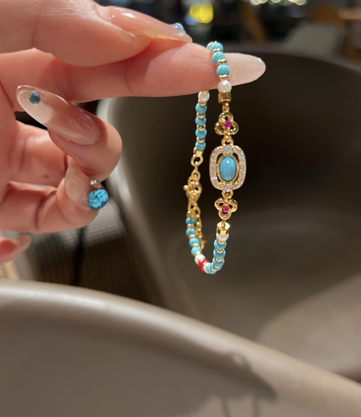 Vintage Turquoise & Pearl Double Layer Beaded Bracelet, Chinese Style Luxury Hand Jewelry - Image 1