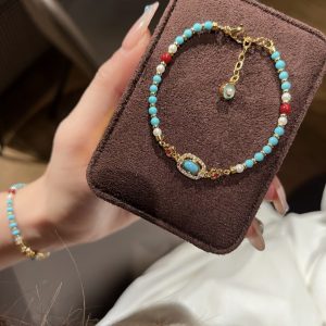 Vintage Turquoise & Pearl Double Layer Beaded Bracelet, Chinese Style Luxury Hand Jewelry - Image 5