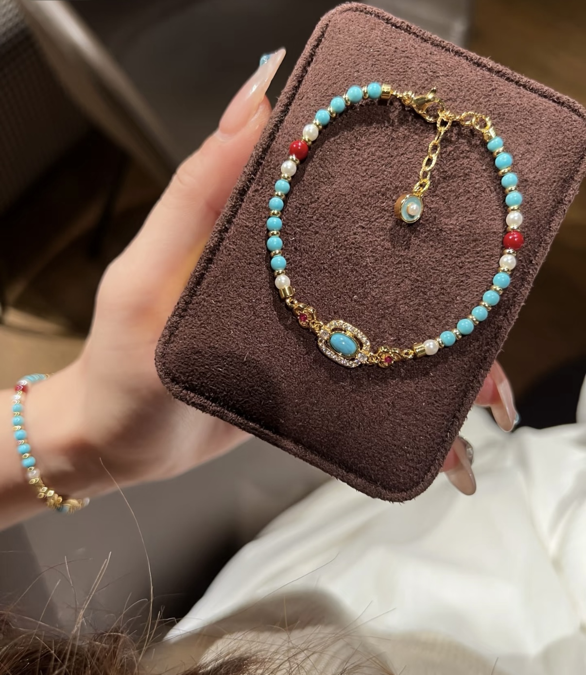 Vintage Turquoise & Pearl Double Layer Beaded Bracelet, Chinese Style Luxury Hand Jewelry - Image 5