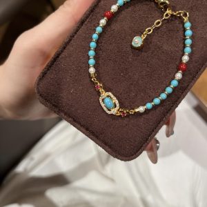 Vintage Turquoise & Pearl Double Layer Beaded Bracelet, Chinese Style Luxury Hand Jewelry - Image 4