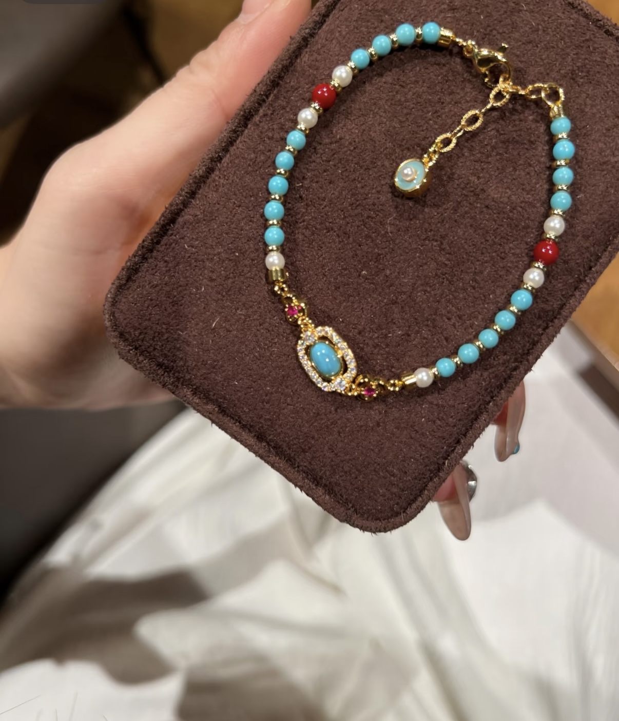 Vintage Turquoise & Pearl Double Layer Beaded Bracelet, Chinese Style Luxury Hand Jewelry - Image 4