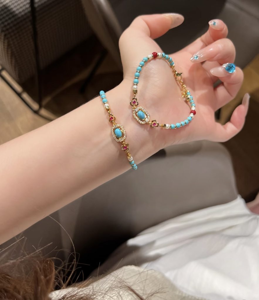 Vintage Turquoise & Pearl Double Layer Beaded Bracelet, Chinese Style Luxury Hand Jewelry